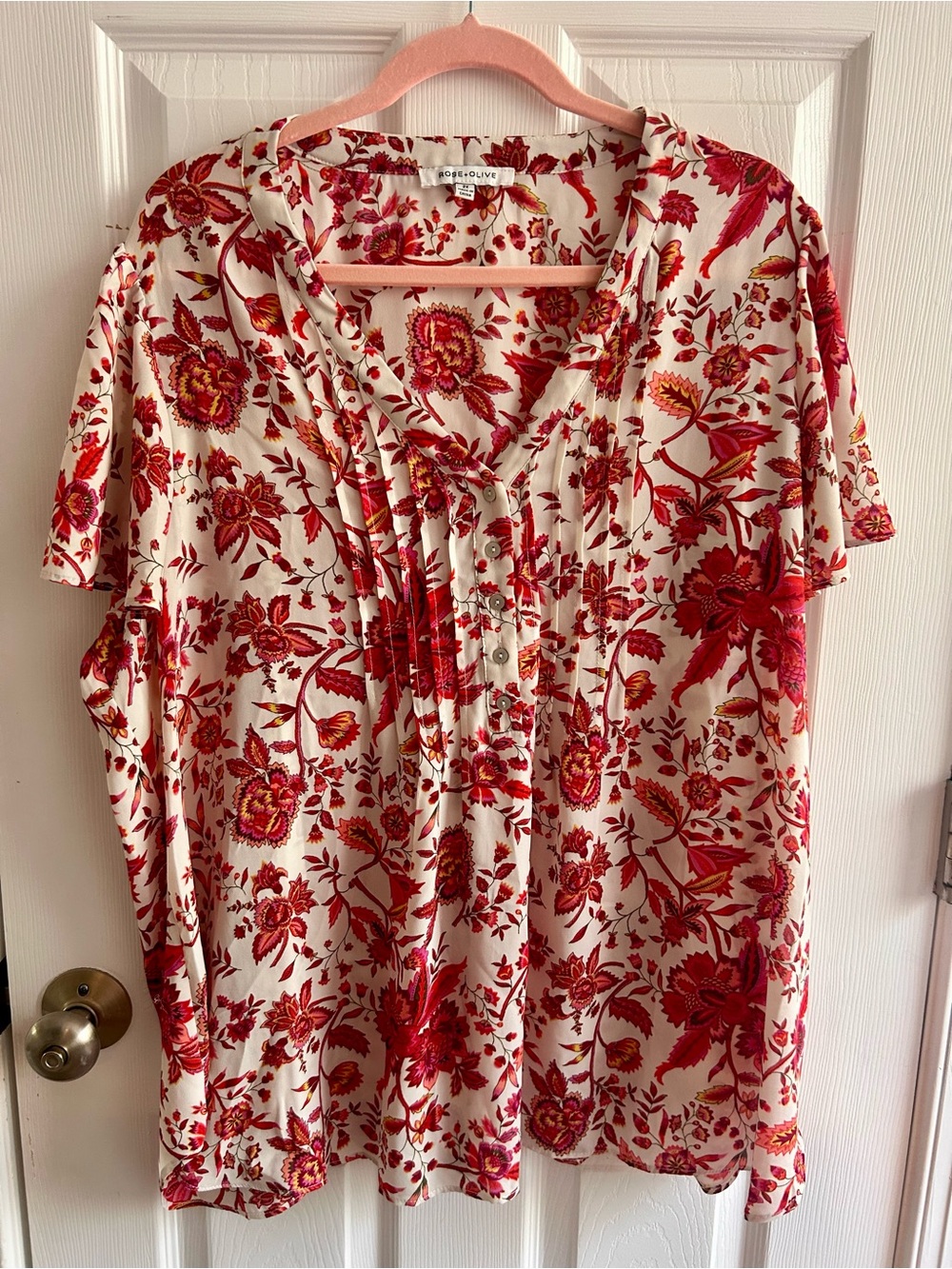 Rose & Olive Cream Blouse with Red & Pink Floral Print